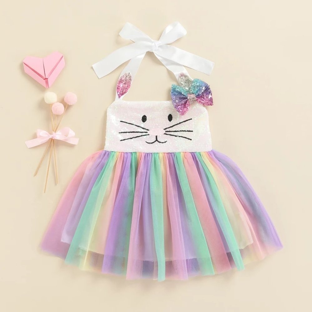 Sequin Easter Bunny Rabbit Girls Sleeveless Rainbow Tutu Dress